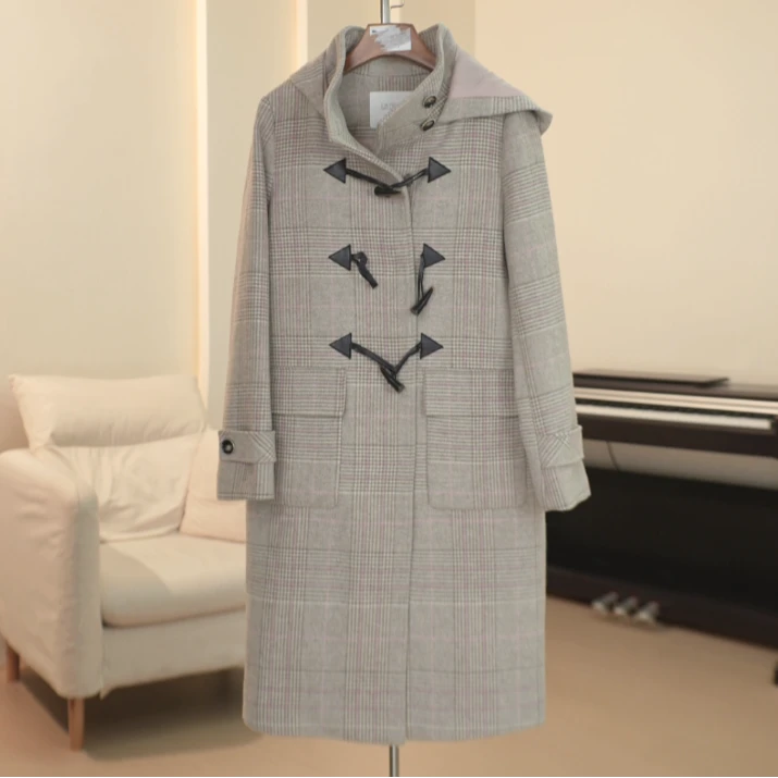 G958 秋冬重工千鸟格连帽绵羊毛大衣 XC92