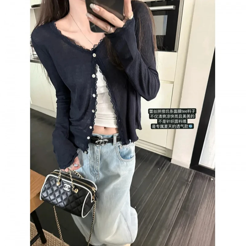 开衫夏季外穿防晒蕾丝拼接花边软糯针织轻薄休闲宽松外套上衣女