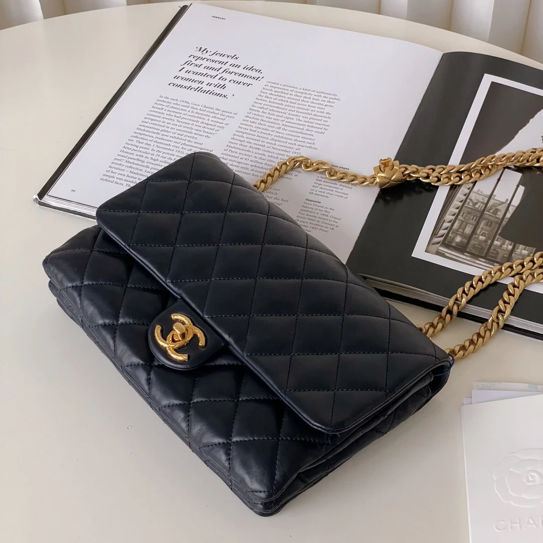 99新 Chanel/香奈儿 深蓝色牛皮22k金柱B8680单肩包