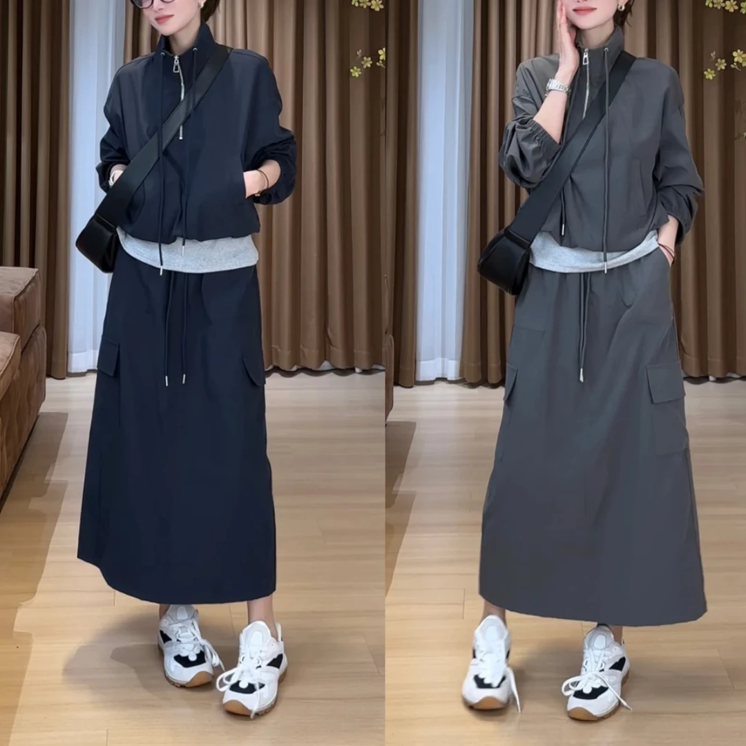 小众炸街高级感女装2025春季设计感拼接立领冲锋衣半身亚麻套装女