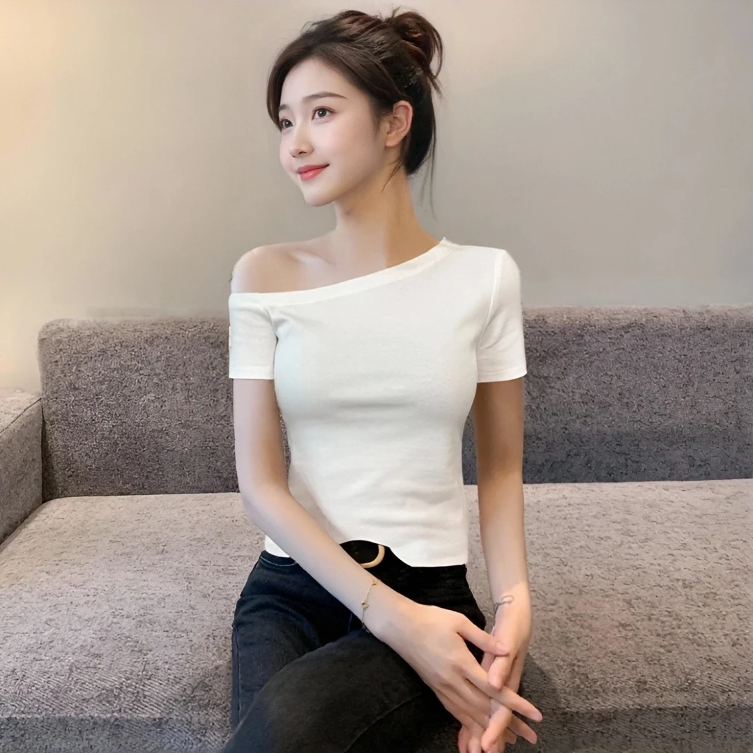 Fmseruios一字斜领白色短袖t恤女春夏针织打底衫内搭显瘦上衣舒适