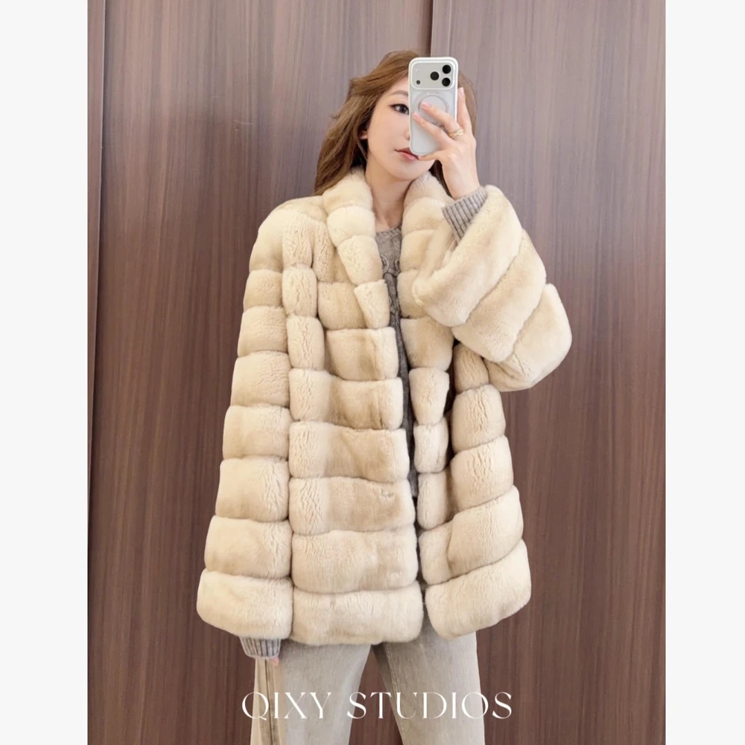 QIXIAOYAO.皮草丝绒青紫蓝兔皮毛一体皮草外套冬季新#YTSY6169-9