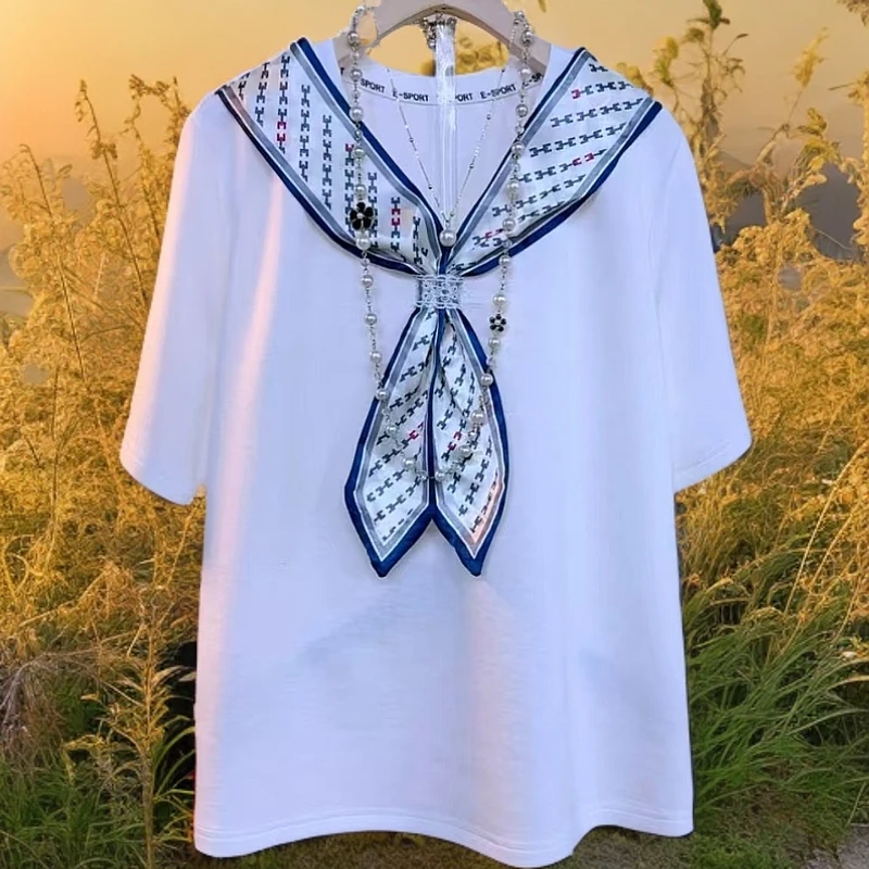 拼接V领慵懒风时尚大码常规常规款短袖T恤飘带长款休闲百搭设计感