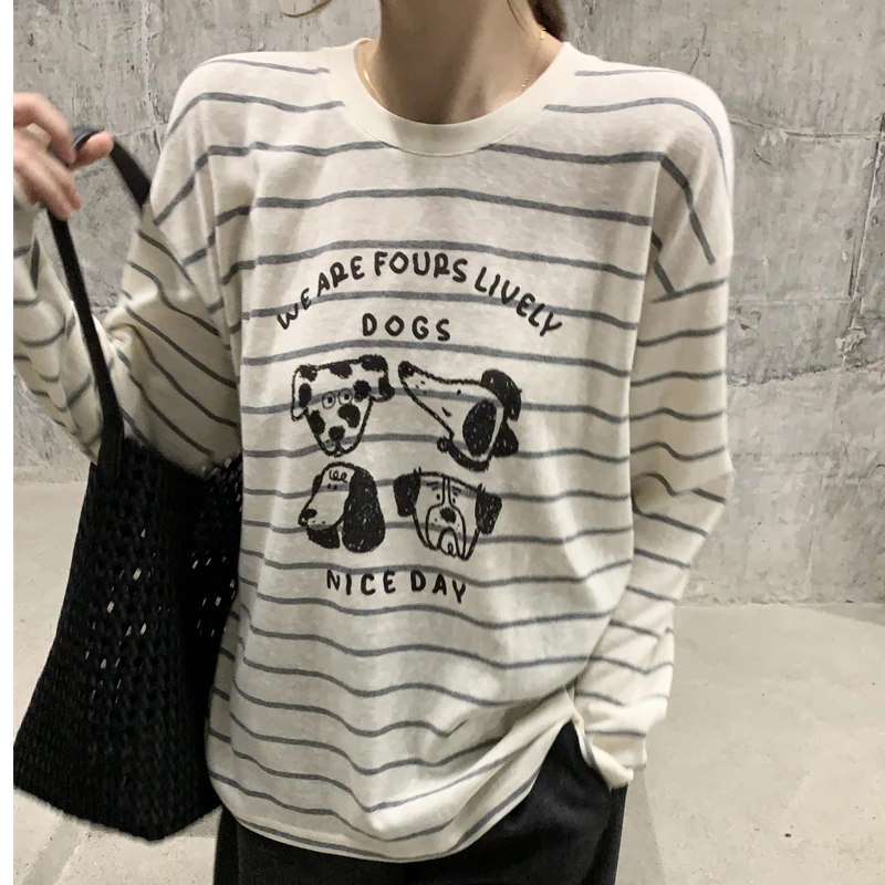 Seawhen海维恩 2025年秋季新款卡通狗狗宽松随性经典条纹T恤3651
