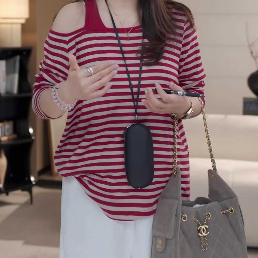 韩系红色条纹露肩T恤设计感假两件显瘦上衣C5945