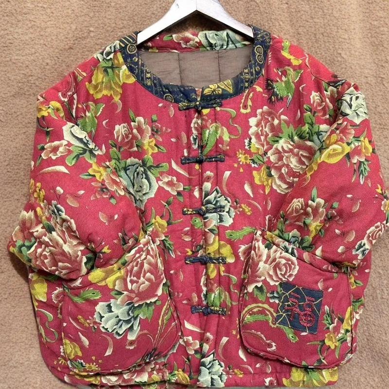 MF-冬季新中式印花盘扣加棉宽松贴布刺绣（福）棉衣棉服女-衣长67