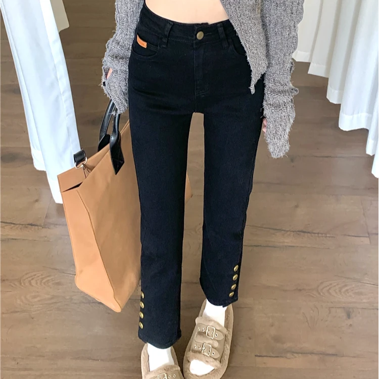 浅色复古高腰窄版直筒牛仔裤女春秋小个子紧身显瘦烟管九分裤裤子