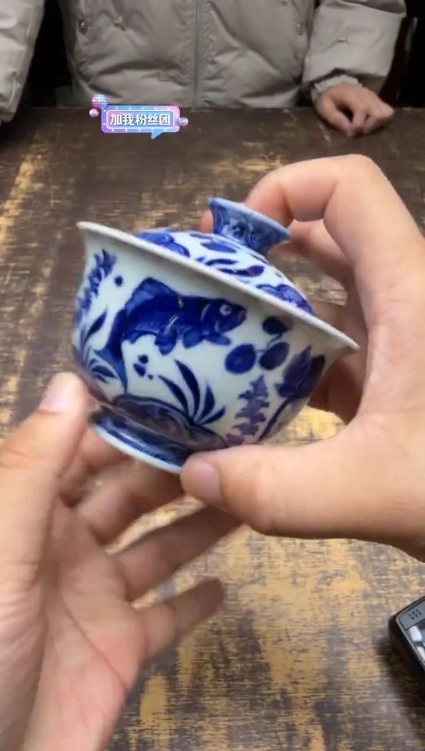 戏墨柴窑海水纹鱼藻盖碗