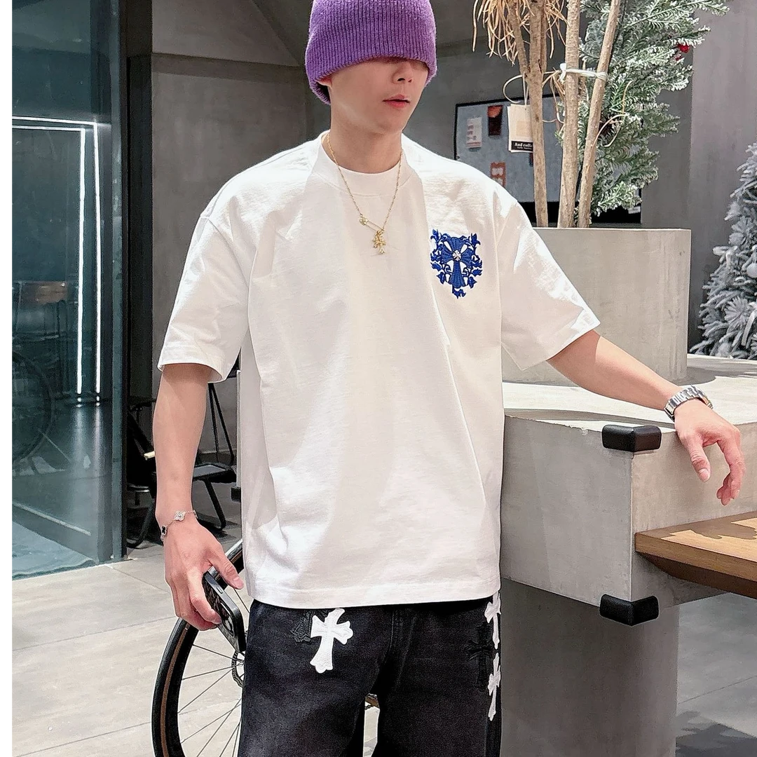 高街潮牌短袖十字刺绣落肩袖春夏T恤半袖夏季休闲宽松百搭欧美ins