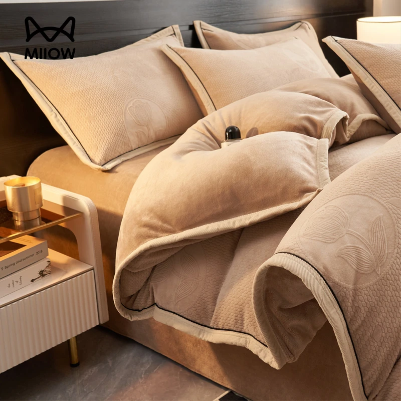 猫人秋冬牛奶绒床上四件套加厚保暖珊瑚绒被套床单三件套床笠床品