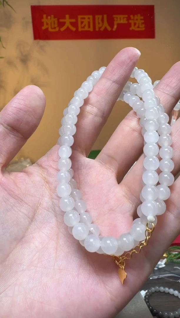 和田玉银S925镶嵌项链和田玉白玉圆珠项链约6mm