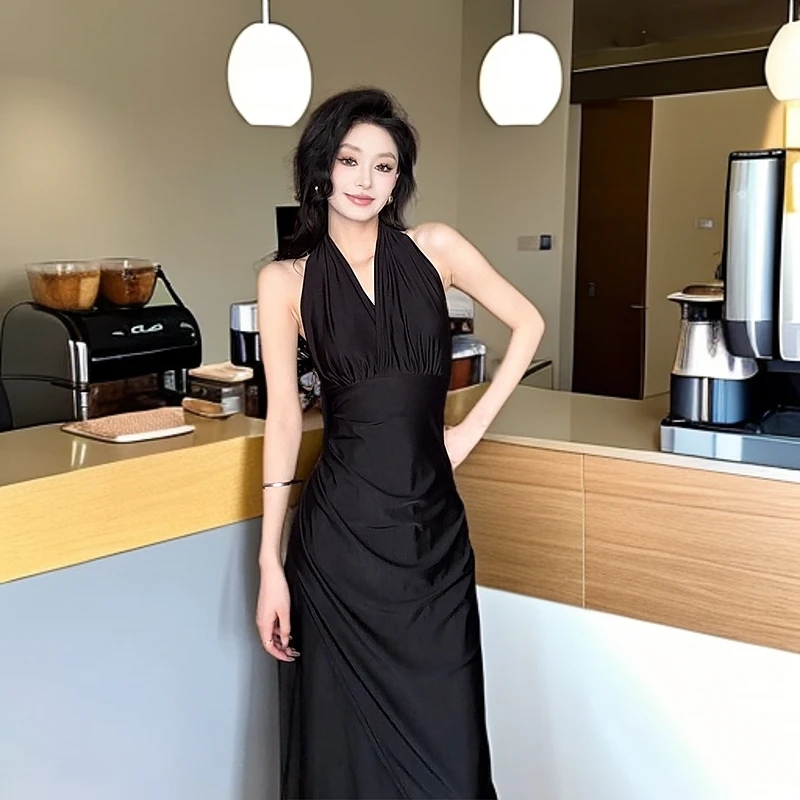 f8/C089【元元】法式复古多种穿气质V领黑色连衣裙设计感显瘦长裙女