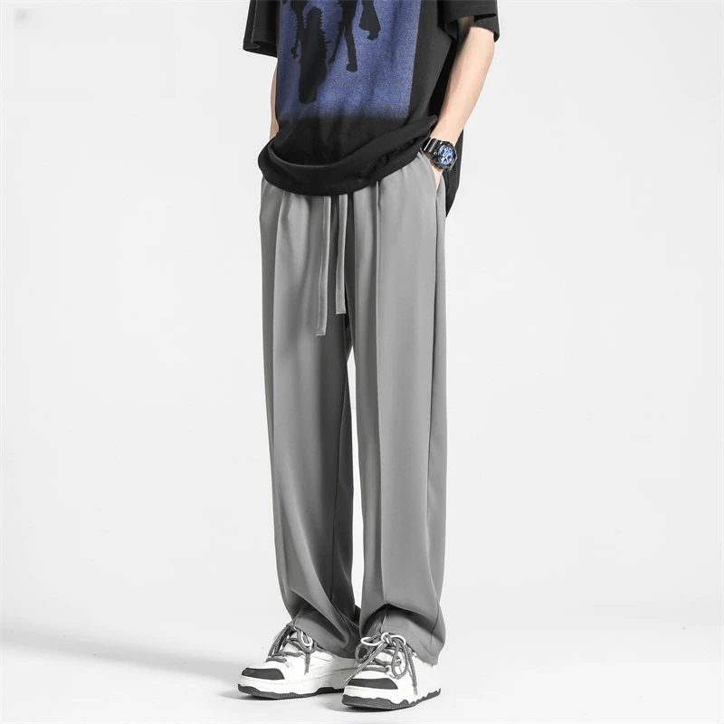 精品男装冰丝松紧腰休闲裤男美式宽松垂感阔腿长裤子男款夏季薄款