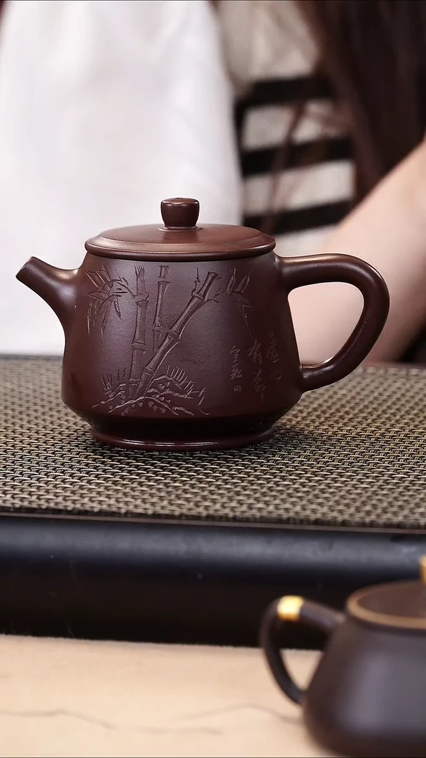 茶壶紫砂紫袍玉砂精工竹刻高瓢180cc