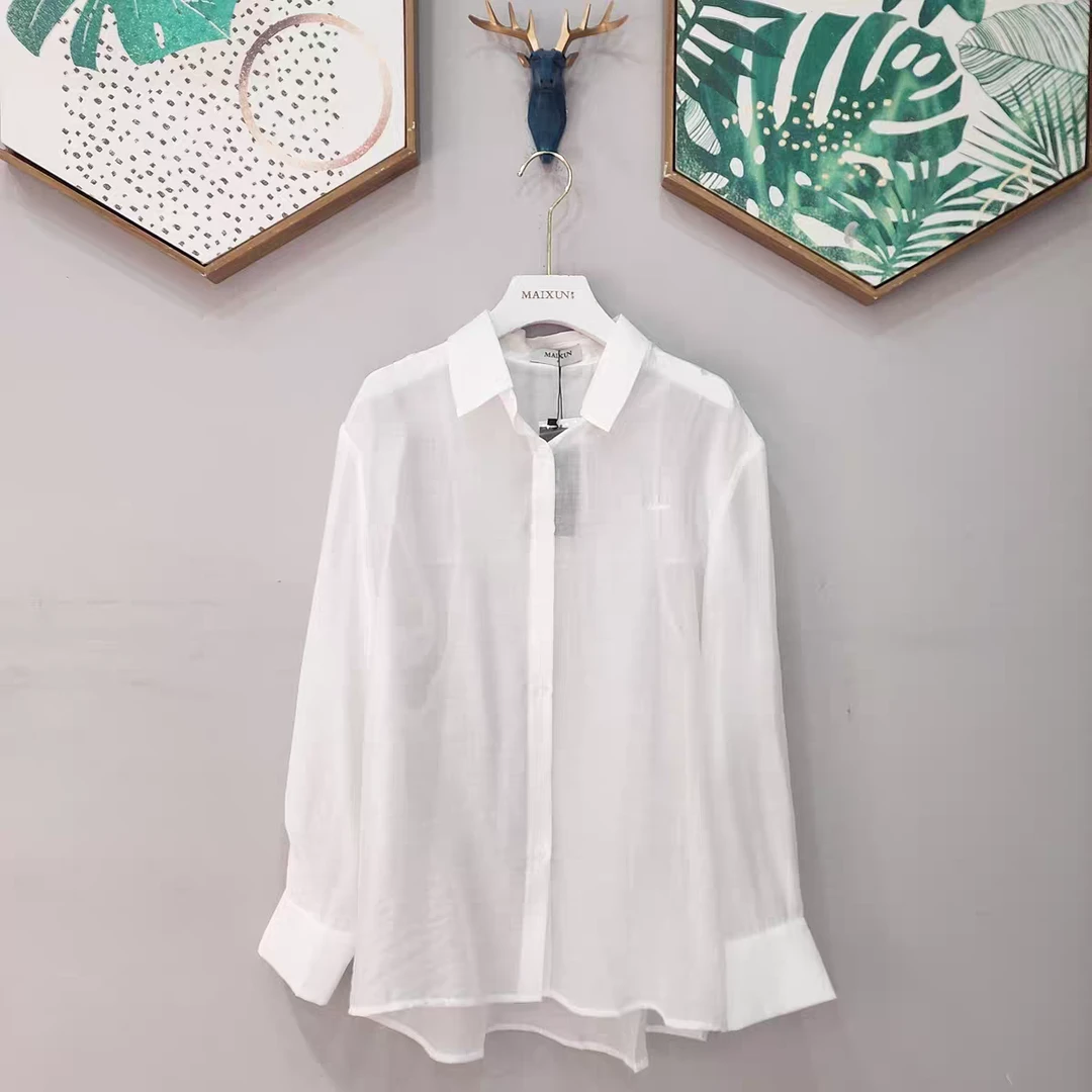麦寻夏季新款CSLES03A白色长袖衬衫来赛尔天丝舒适透气防晒轻薄女