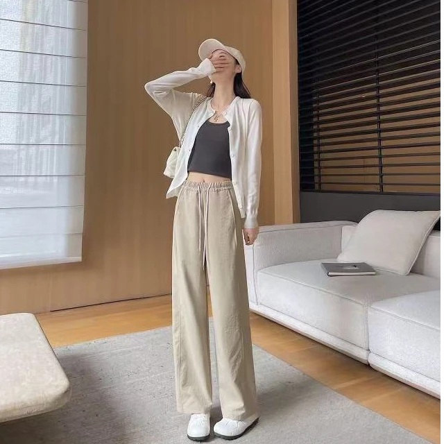 H068新款女士春夏百搭气质弯刀裤抽绳松紧腰奶酪裤
