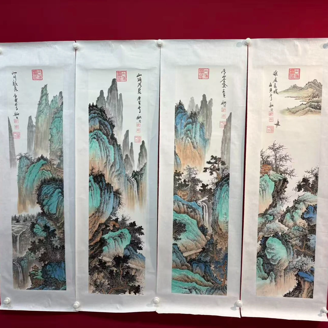 李新社手绘宣纸青绿山水四条屏-山水画