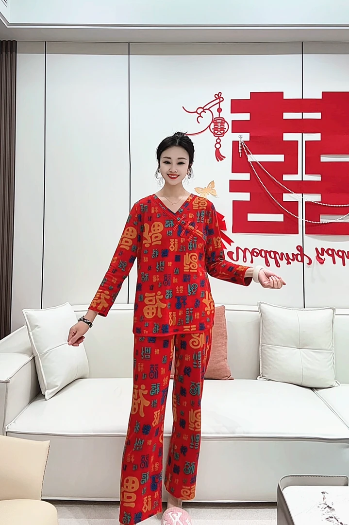 秋冬新款过年喜庆百福字睡衣套装女德绒红色国风本命年盘扣家居服