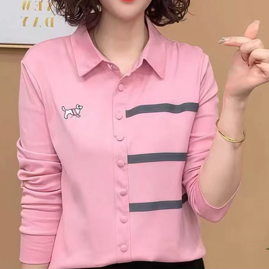 8953-（狗狗刺绣）（粉色）三条线半纽扣衬衫