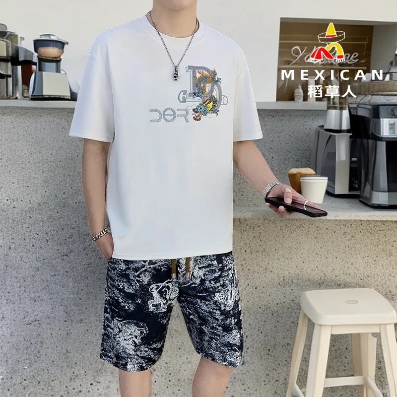 稻草人2025夏季男士新款高品质短袖T恤短裤休闲套装运动时尚宽松