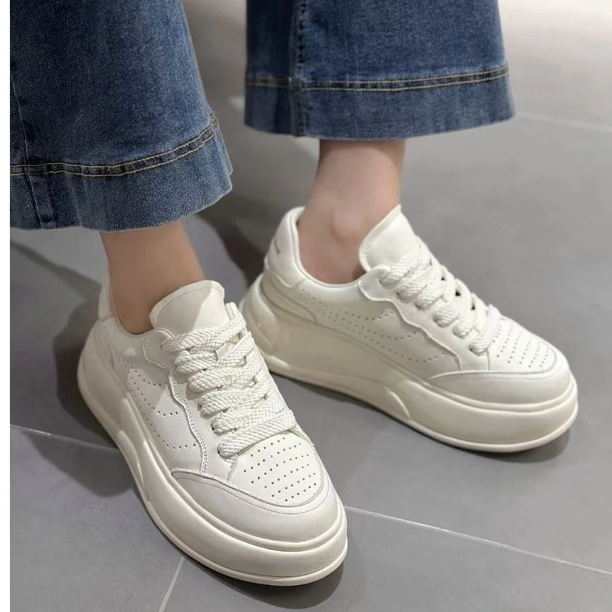 真皮小白鞋女2025春季新款厚底增高休闲运动板鞋黑白熊猫鞋