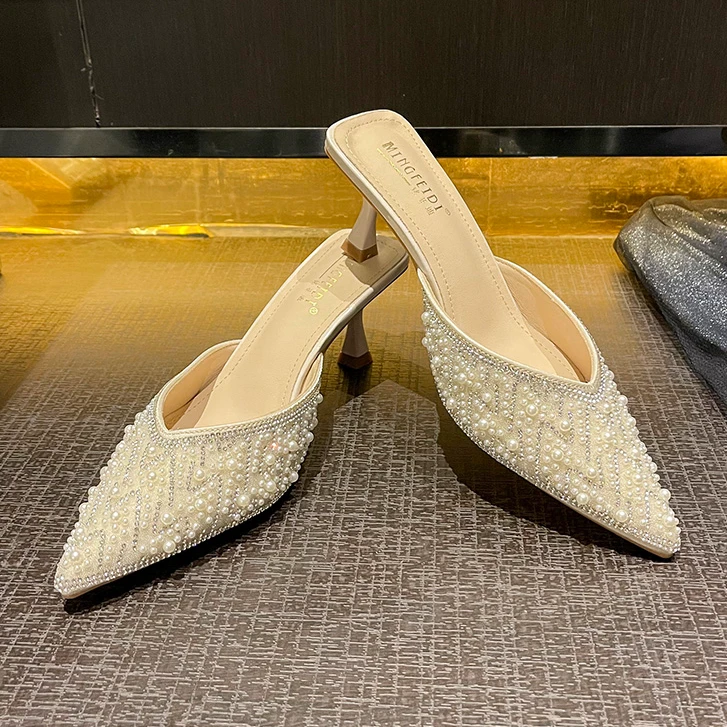 2025新款轻奢手工半拖鞋夏季水钻拖鞋包头凉拖高跟女外穿时尚细跟