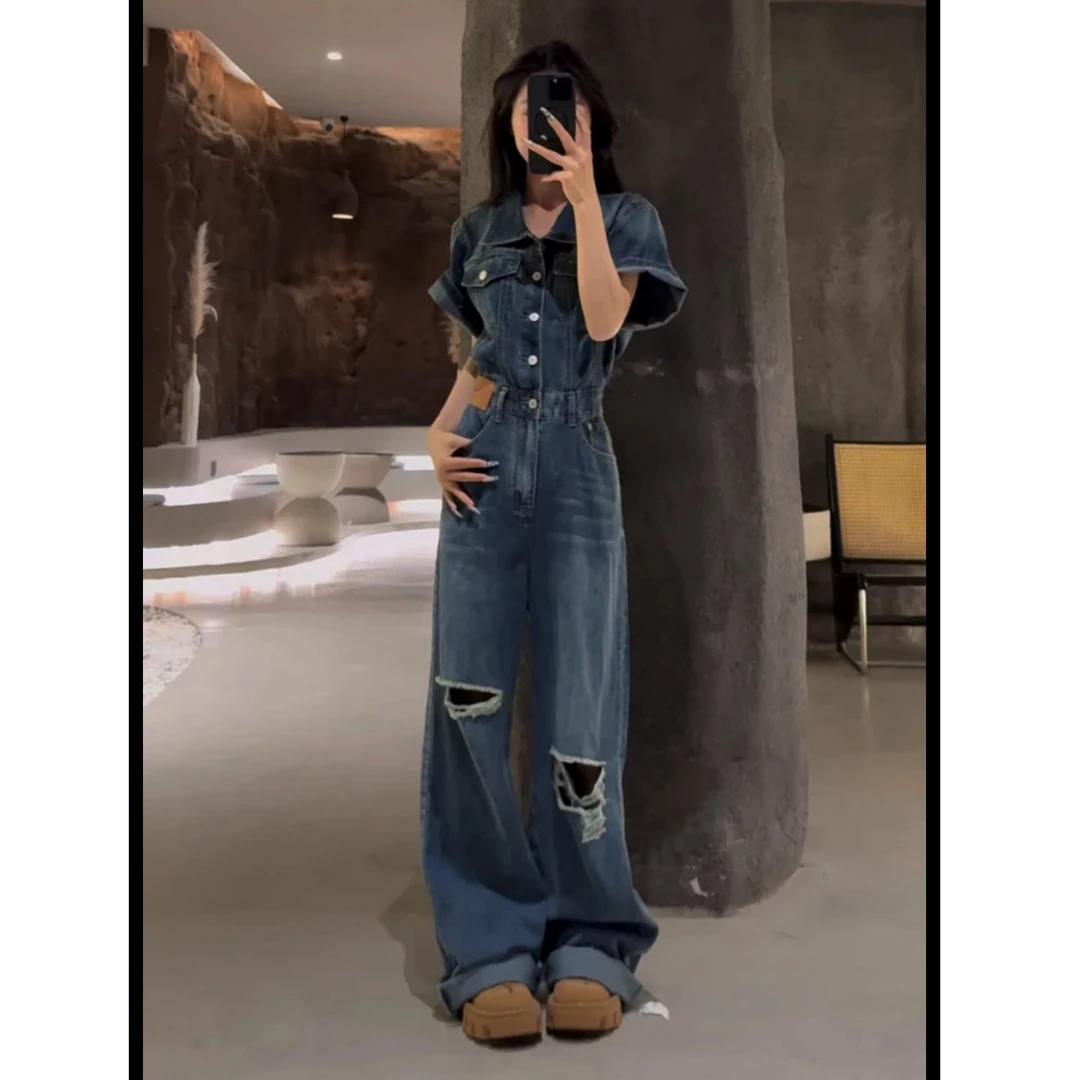 美式复古毛边短袖连体裤女夏季设计感破洞收腰牛仔连衣裤拖地裤