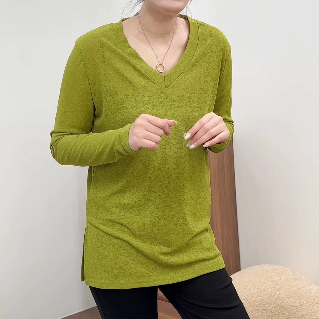 【林南南】 V领开叉长袖打底衫时尚休闲百搭纯色气质691556