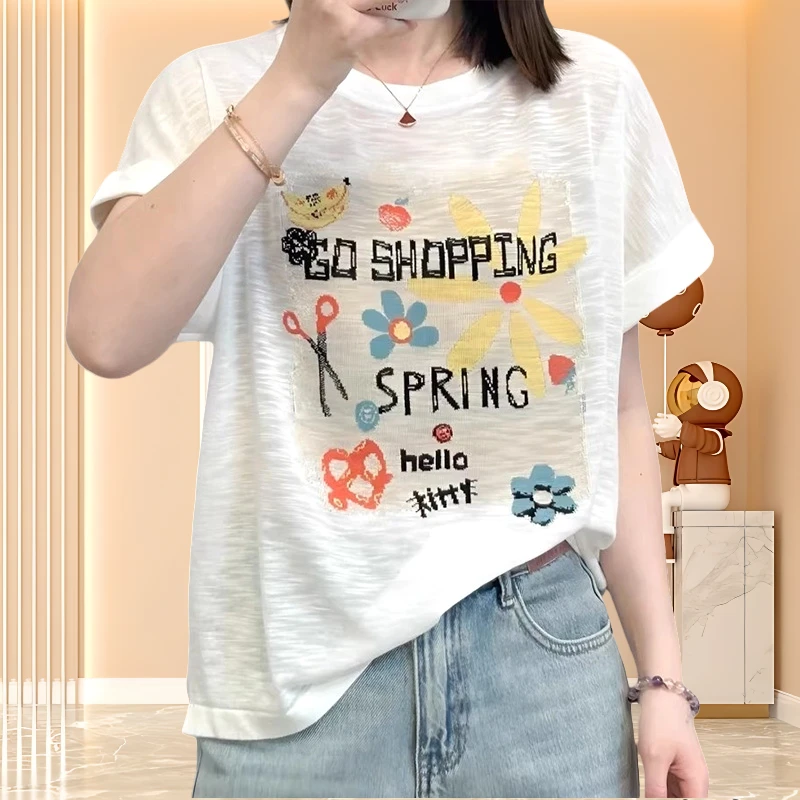宽松圆领短袖百搭卡通印花甜美可爱风格衣服竹节棉休闲t恤女式夏