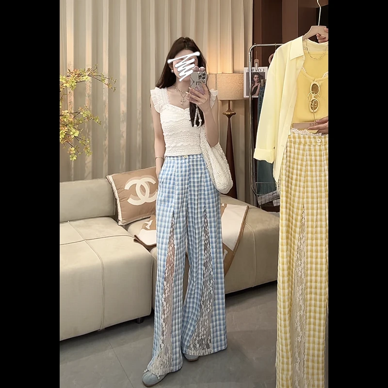 法式高级感时尚套装女夏季新款蕾丝气质百搭上衣+格子拼接高腰裤