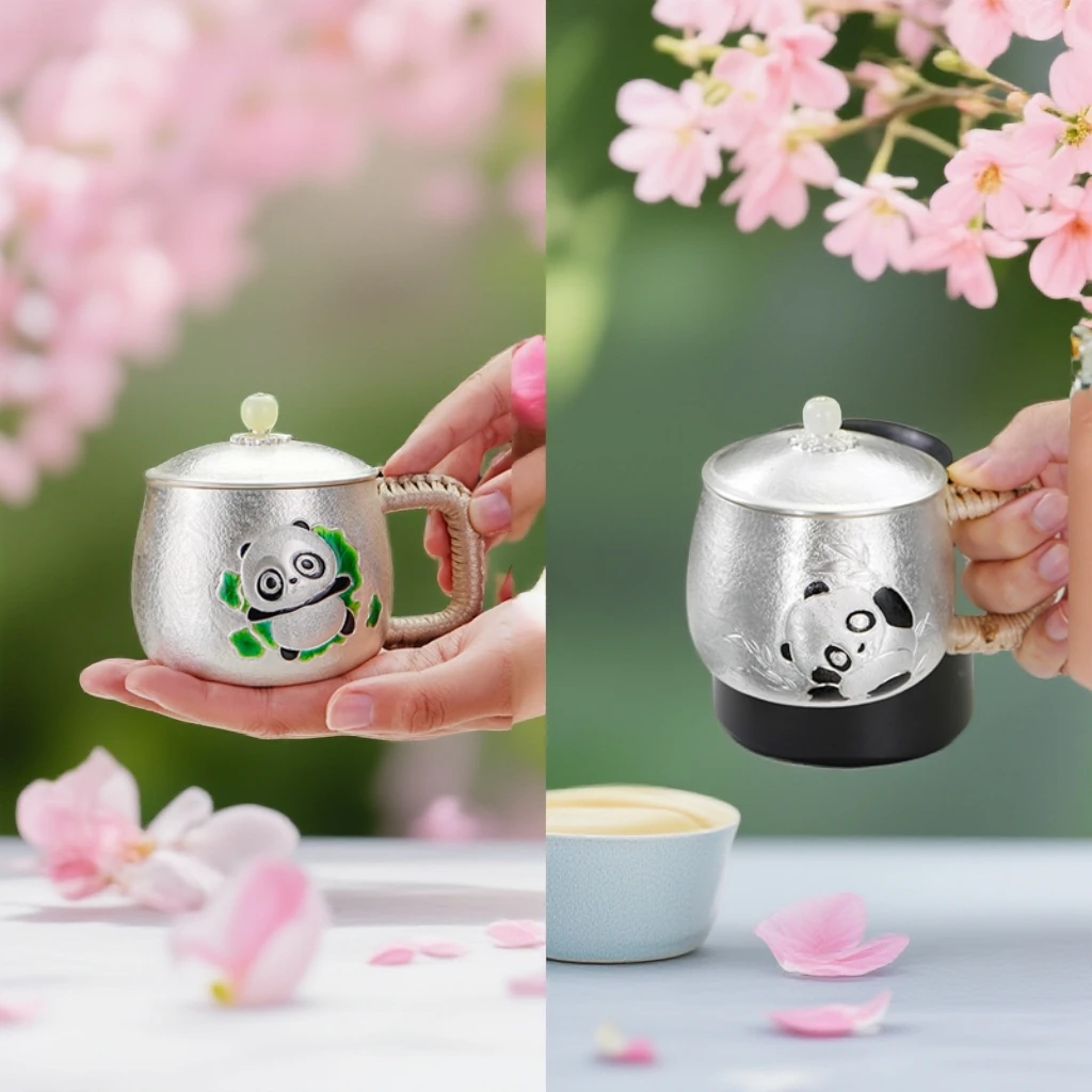 足银银制品 银水杯999通体全银杯纯手工锤纹熊猫杯足银马克泡茶杯