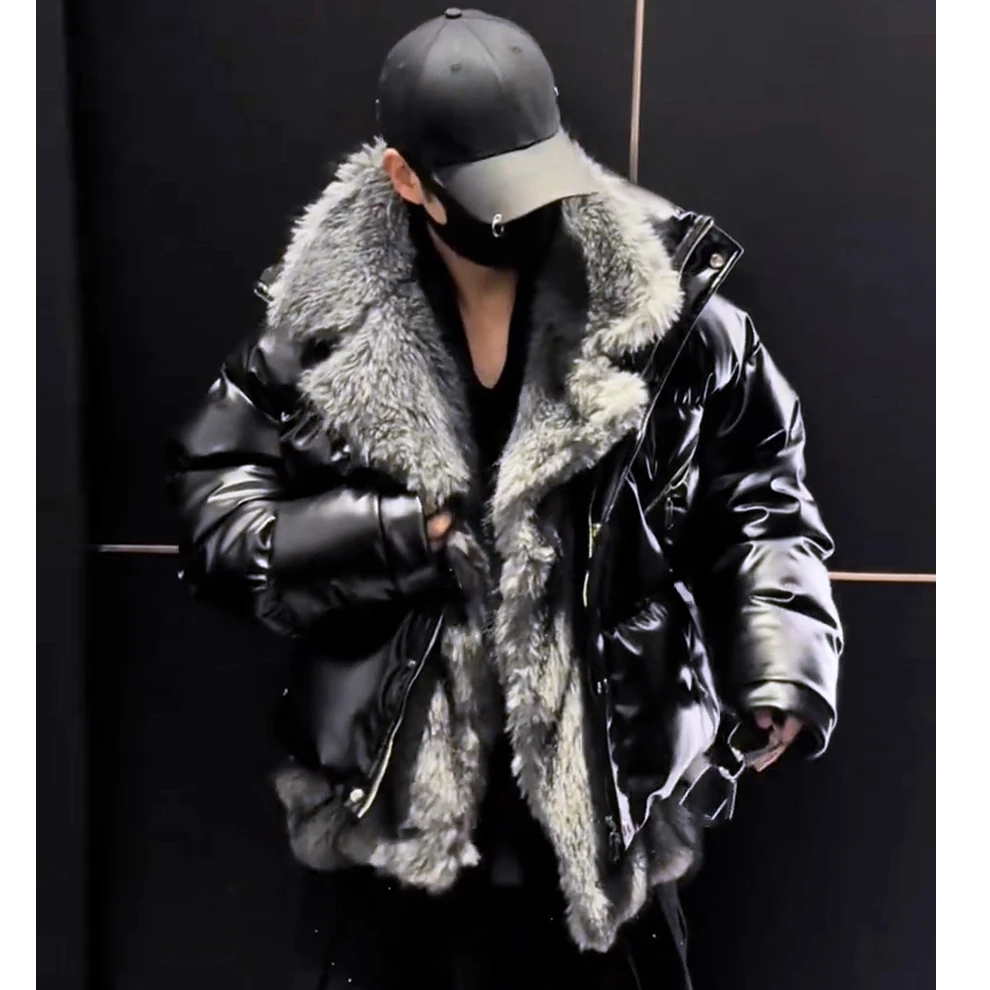 秋冬潮牌新款假两件毛毛拼接棉衣外套宽松立领加厚保暖亮面棉服男