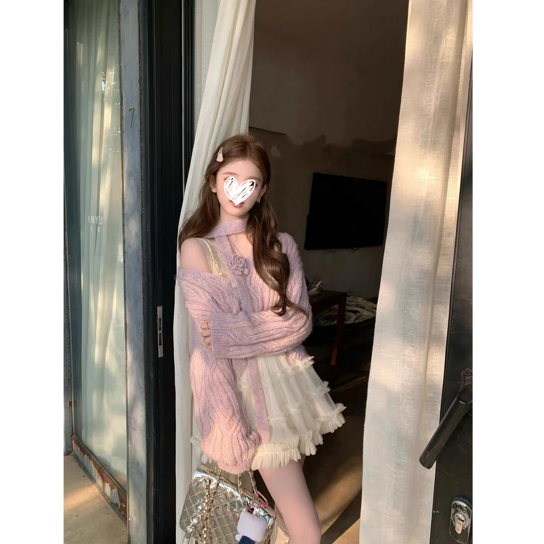 甜美温柔少女风混紫色针织开衫外套+奶油蕾丝胸衣+短裙三件套D722