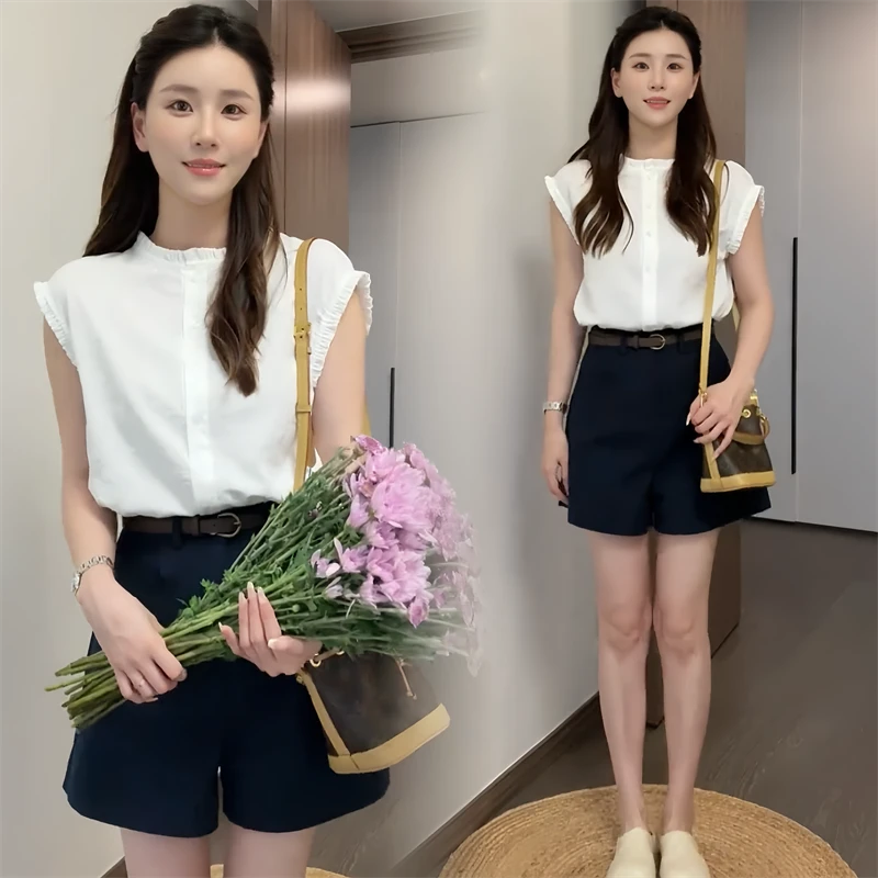 时尚休闲木耳边立领无袖衬衫女洋气百搭宽松显瘦小飞袖衬衣女夏季