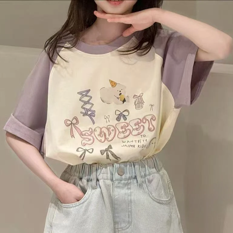 【haobaby】刺绣字母可爱印花插肩袖T恤6922