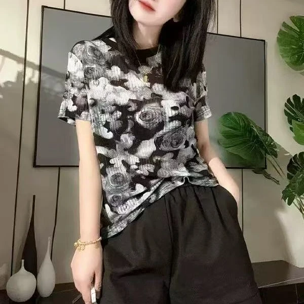 【锦衣服饰】NI 6708韩系涂鸦花朵圆领短袖T