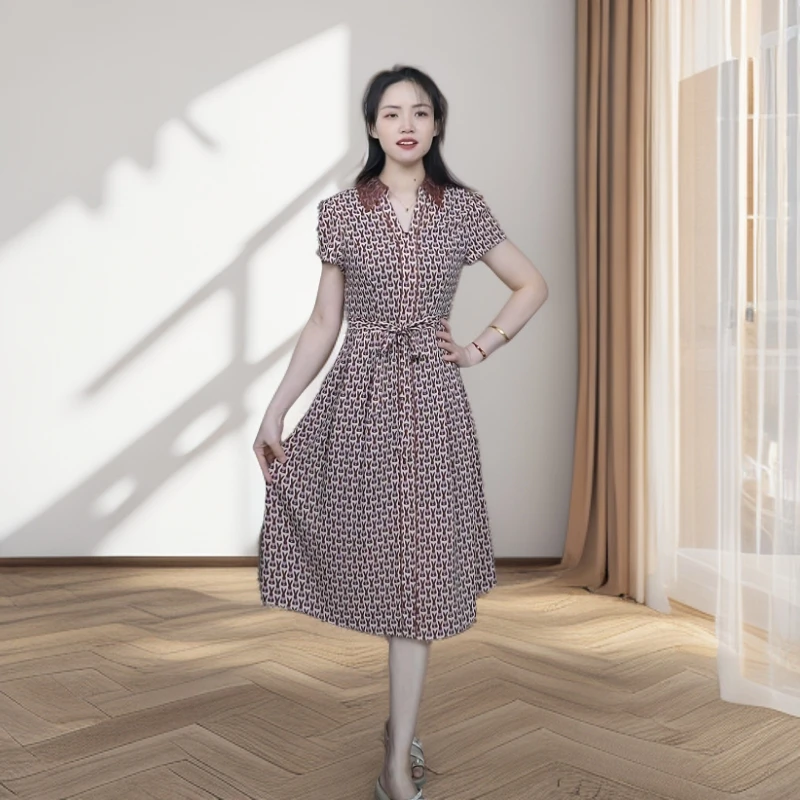 7516-时尚气质收腰法式中长款连衣裙