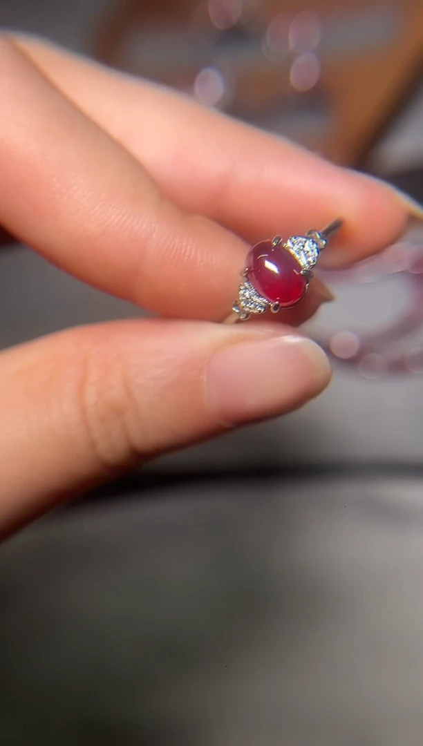 天然辰砂?****?朱砂镶嵌S925银单晶体女戒指122301