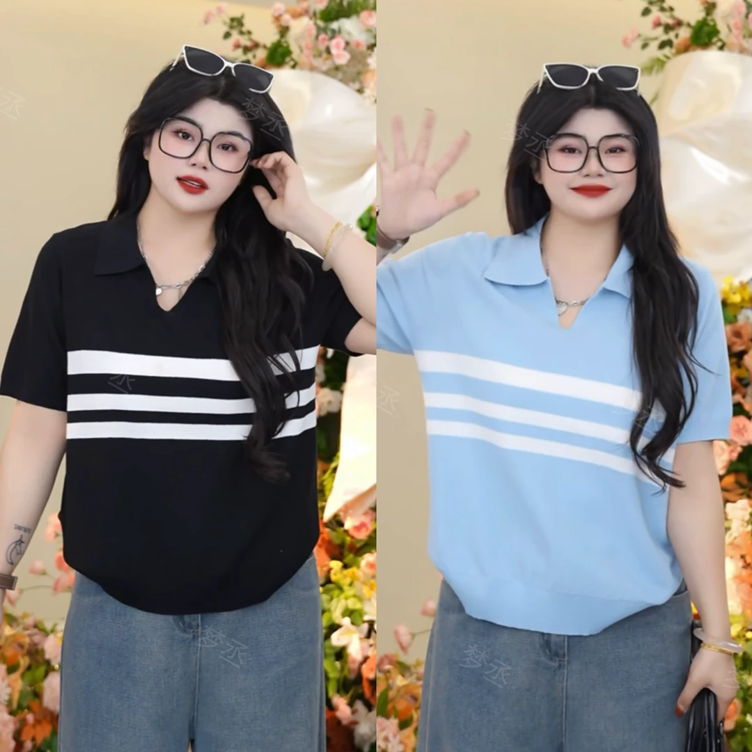 梦丞【条纹魅力】大码女装条纹小V领百搭上衣软糯舒适短袖针织衫