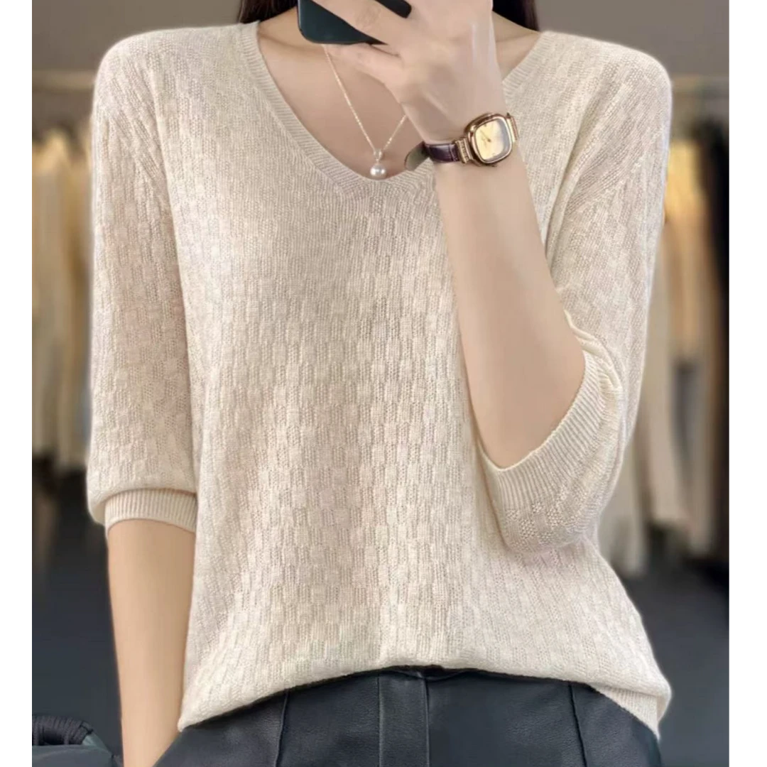 254纯色百搭针织衫女夏季新款修身显瘦镂空上衣V领