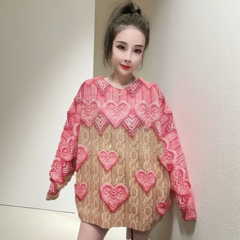2025年桃心--圆领春款--气质网时尚百搭欧货烫钻圆领长袖毛衣666
