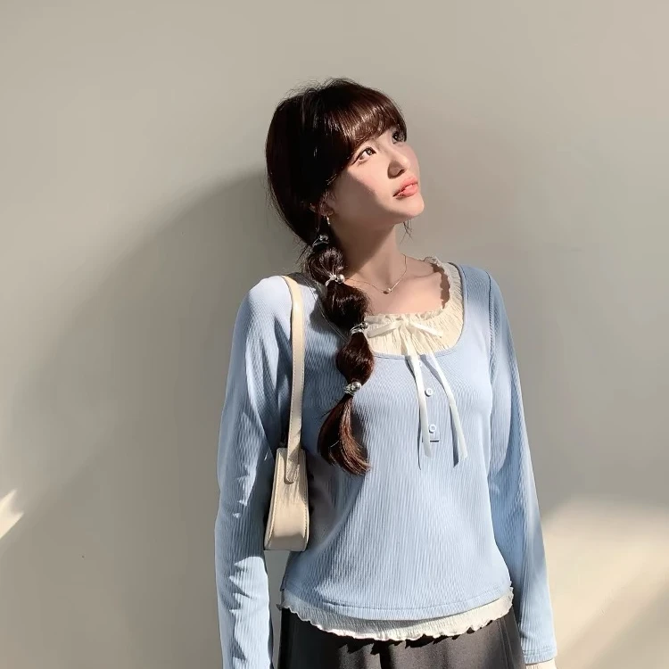 【青苍】花老爷假两件长袖T恤温柔打底上衣XB7028