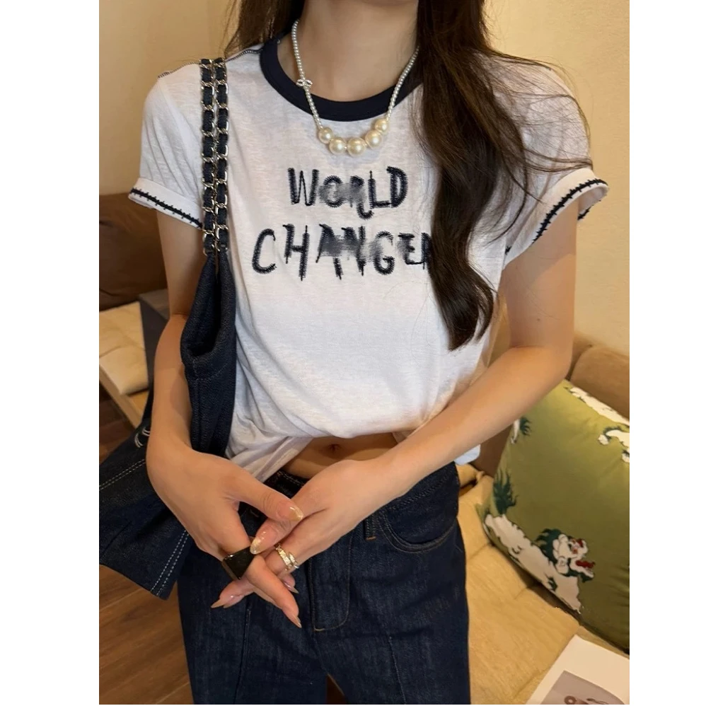 南油欧货2025夏新款雪花棉字母绣花短袖T恤女洋气财阀千金女装