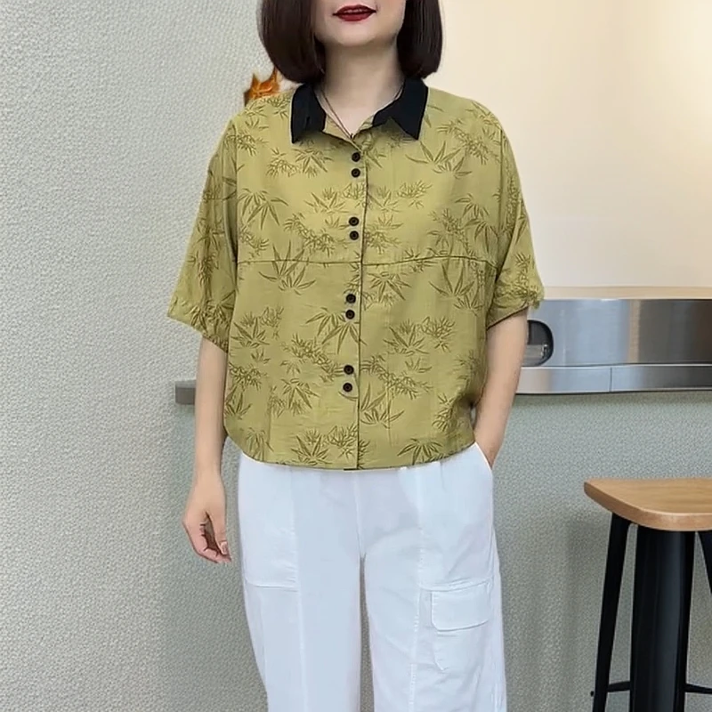 薄款印花夏季蝙蝠袖轻职风衬衫时尚休闲中袖复古小衫宽松百搭