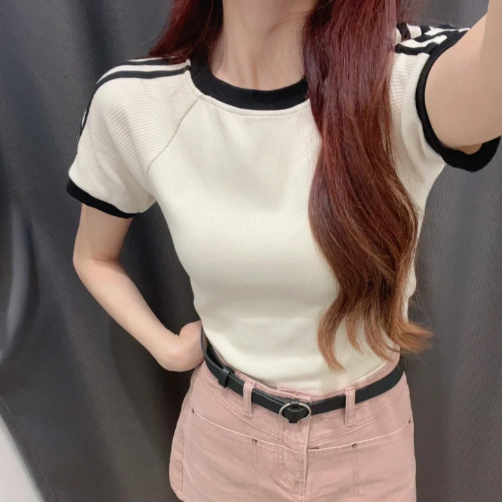 奥莱jennie女款短袖修身三条杠夏季针织休闲运动-5463