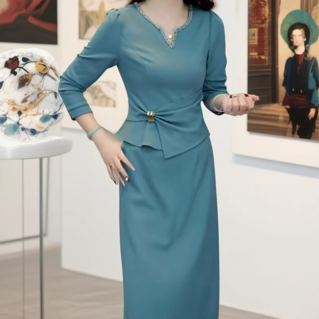 2025年春秋季新款减龄气质显瘦时尚洋气蓝色女神范假两件连衣裙子