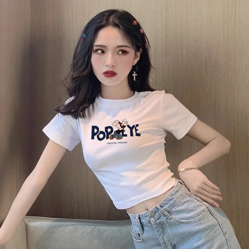 白色短款印花短袖t恤女夏季2025高腰百搭小众露脐上衣ins潮流