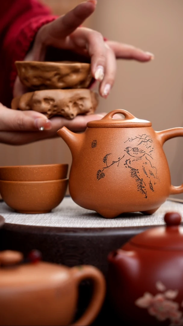 【闪购商品】紫砂茶壶段泥花鸟高石瓢+2杯+茶漏