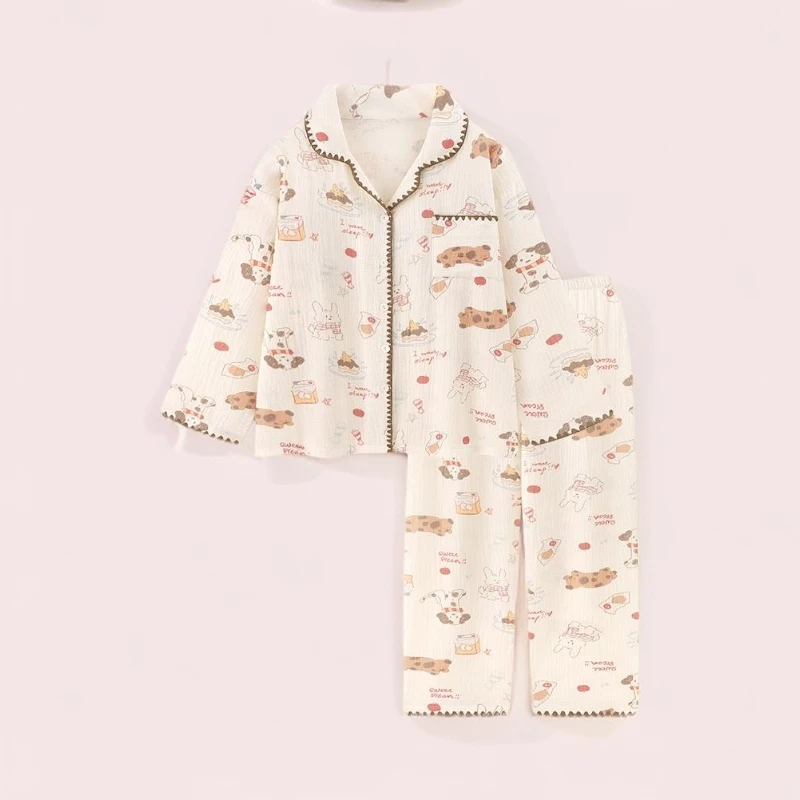『动物派对』卡通睡衣女秋冬2025新款纯棉纱布花边长袖家居服套装