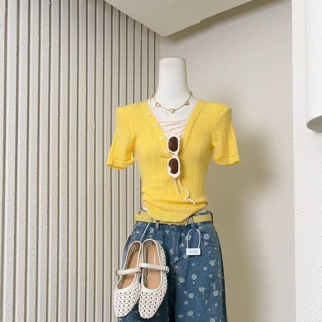 【夏夏炎日】甜美小心机交叉系带撞色上衣-H276